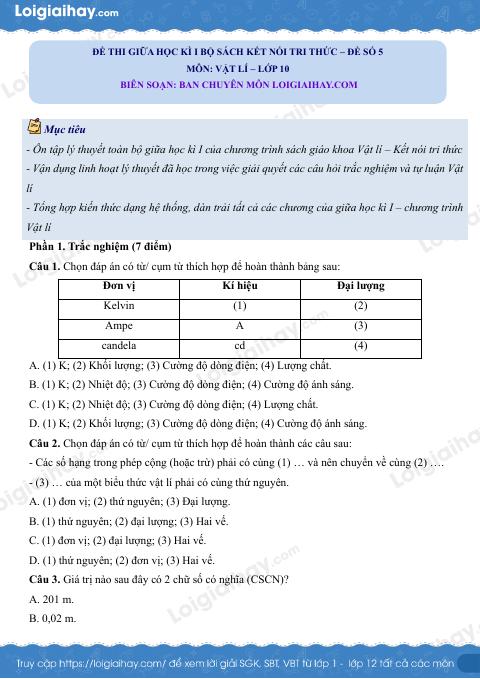 Đề thi giữa học kì 1 Vật lí 10 Kết nối tri thức - Đề số 05